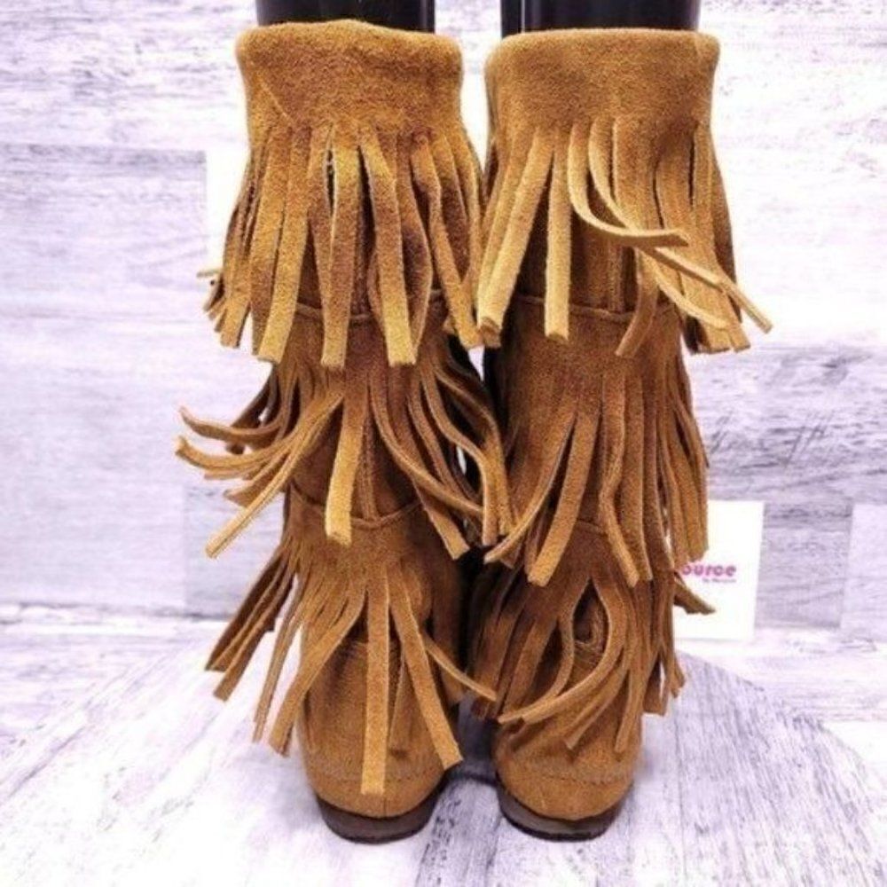 Minnetonka Suede 3 Layer Fringe Tall Moccasin Boot Brown Women's sz 6 - Picture 3 of 8